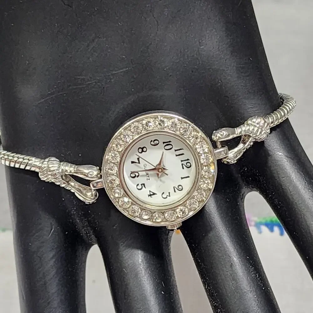 Women Quartz Bracelet Band Watch Battery Powered Rhinestone Encrusted Bezel Face